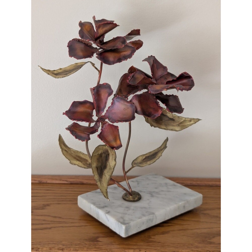 Vintage MCM Brutalist Metal Flowers Rose Sculpture Copper and Brass Marble base